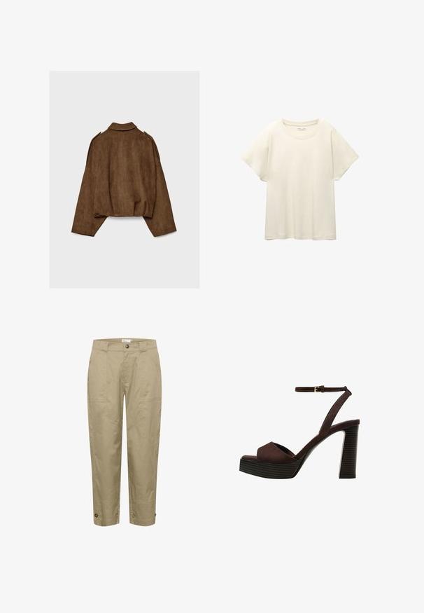 Smeđa jakna od umjetne brušene kože s ovratnikom, prevelikog kroja i spuštenih ramena. Na stražnjoj strani nalazi se vertikalni ukrasni šav i skraćeni dizajn.; Svijetlo bež majica kratkih rukava s okruglim izrezom, izrađena od meke, glatke tkanine. Karakterizira je opušteni kroj i ravni rub.; Beige, lagane hlače ravnog kroja, s bočnim džepovima i gumbima na rubu za prilagodljivost i stil.; Smeđe zamšaste sandale s visokim potpeticama, otvorenim prstima, podesivom trakicom oko gležnja i prugastom platformom.