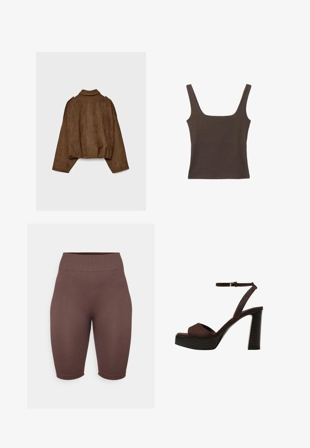Hnedá bundu z umelého semišu s golierom, nadrozmerným strihom a spustenými ramenami. Zadná časť má vertikálne švy a skrátený dizajn.; Hnedý bezrúškový top so štvorcovým výstrihom, vyrobený z mäkkého, elastického materiálu. Má priliehavý strih a ploché švy.; Hnedé rebrované cyklistické šortky s vysokým pásom, vyrobené z elastického materiálu, s hladkou štruktúrou a priliehavým strihom.; Hnedé semišové sandále na vysokom podpätku s otvorenou špičkou, nastaviteľným členkovým remienkom a pruhovanou platformovou podrážkou.