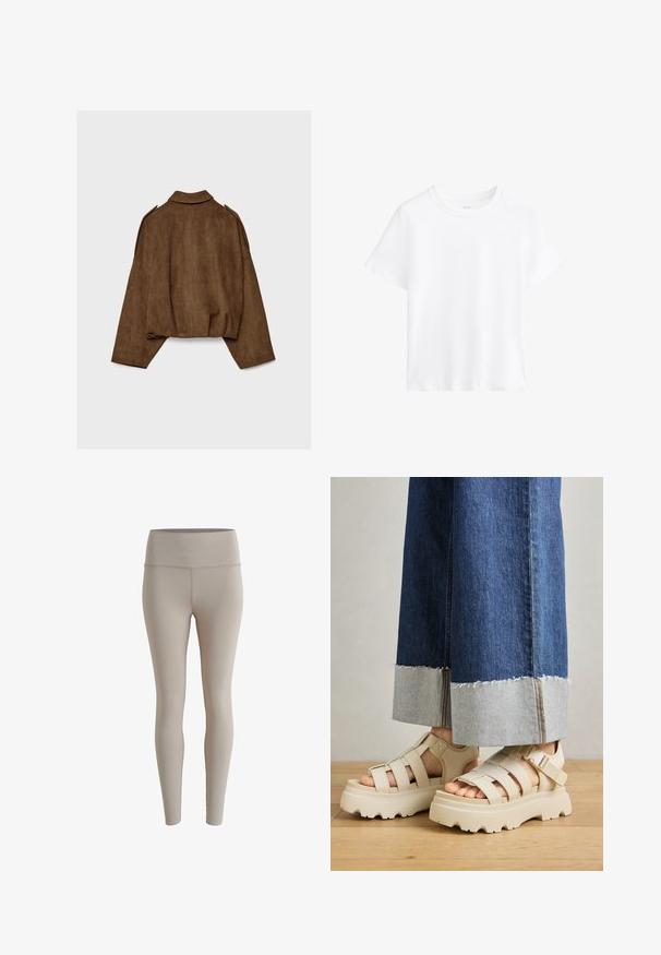 Smeđa jakna od umjetne brušene kože s ovratnikom, prevelikog kroja i spuštenih ramena. Na stražnjoj strani nalazi se vertikalni ukrasni šav i skraćeni dizajn.; Bijela pamučna majica, kratkih rukava, okrugli izrez, opušteni kroj, glatka tekstura, bez uzoraka ili akcenata, jednostavan dizajn, svestran stil.; Bež tajice od rastezljivog materijala, s visokim strukom i glatkom teksturom, bez vidljivih uzoraka ili metalnih detalja.; Bež platforme sandale s debelim potplatima imaju dizajn s trakama i podesivim remenima oko gležnja. Nanesene su uz široke traperice, a jedna nogavica je pohabana.