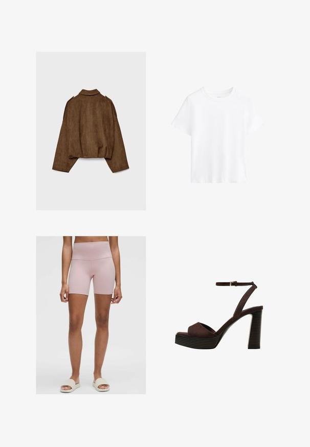 Hnědá bunda z umělé semiše s límcem, volným střihem a sníženými rameny. Na zádech jsou vertikální švy a zkrácený střih.; Bílé bavlněné tričko, krátké rukávy, kulatý výstřih, uvolněný střih, hladká textura, bez vzorů nebo akcentů, jednoduchý design, univerzální styl.; Světle růžové cyklistické šortky s vysokým pasem vyrobené z elastického materiálu. Mají hladkou texturu a přiléhavý střih, dosahující do poloviny stehna.; Hnědé semišové sandály na vysokém podpatku s otevřenou špičkou, nastavitelným páskem kolem kotníku a proužkovou platformou.