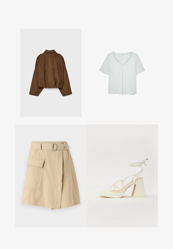 Ruskea tekonahkainen mokkatakki, jossa on kauluksellinen kaula-aukko, ylisuurikokoinen istuvuus ja laskostetut olkapäät. Takana pystysuoria saumadetaljeja ja lyhyt malli.; Vaaleanharmaa lyhythihainen T-paita, jossa on V-pääntie, valmistettu pehmeästä materiaalista; sisältää rentoa istuvuutta ja siistiä viimeistelyä ilman kuvioita.; Beige puuvillane seelik, millel on küljetasku, vööd hõbedase rõngaga ja kerge A-line kuju. Sile tekstuur ja lihtne disain.; Valkoinen korkokenkä, jossa on paksu korko, ja joka sisältää nauhakiinnityksen ja nilkkaketjun. Sujuva pinta, jossa on platform-etupohja lisäkorkeutta varten.
