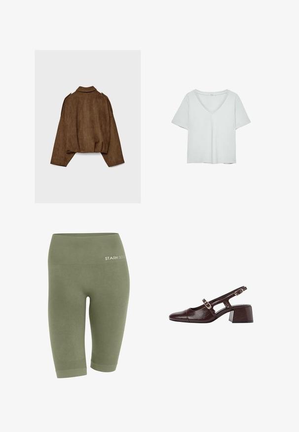 Giacca marrone in finto camoscio con collo a camicia, vestibilità oversize e spalle scese. La parte posteriore presenta cuciture verticali e un design corto.; T-shirt grigio chiaro a maniche corte con scollatura a V, realizzato in materiale morbido; presenta una vestibilità rilassata e cuciture pulite senza motivi.; Leggings cropped color verde oliva realizzati in morbido tessuto con una vita a coste. Le caratteristiche includono un logo in vita e aree accentate con texture.; Tacchi slingback in pelle marrone con punta quadrata, lati scavati e tacco a blocco. Presentano una fibbia sulla cinghia alla caviglia.