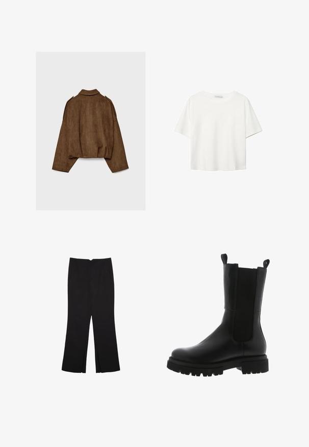 Ruskea tekonahkainen mokkatakki, jossa on kauluksellinen kaula-aukko, ylisuurikokoinen istuvuus ja laskostetut olkapäät. Takana pystysuoria saumadetaljeja ja lyhyt malli.; Valkoinen lyhythihainen T-paita, joka on tehty puuvillasta. Siinä on pyöreä kaula-aukko ja rento malli. Silkkinen pinta ilman näkyviä kuvioita tai koristeita.; Mustat housut suoralinjaisella leikkauksella, joissa on etutaskut ja sivurei'ät helman alla. Valmistettu pehmeästä ja sileästä kankaasta. Sopii eri tilaisuuksiin.; Musta nahkasaapas nilkkakorkeudella, jossa on tyylikäs muotoilu, joustavat sivupaneelit, vetonauhat ja paksu kumipohja, jossa on sahalaitakuviot.