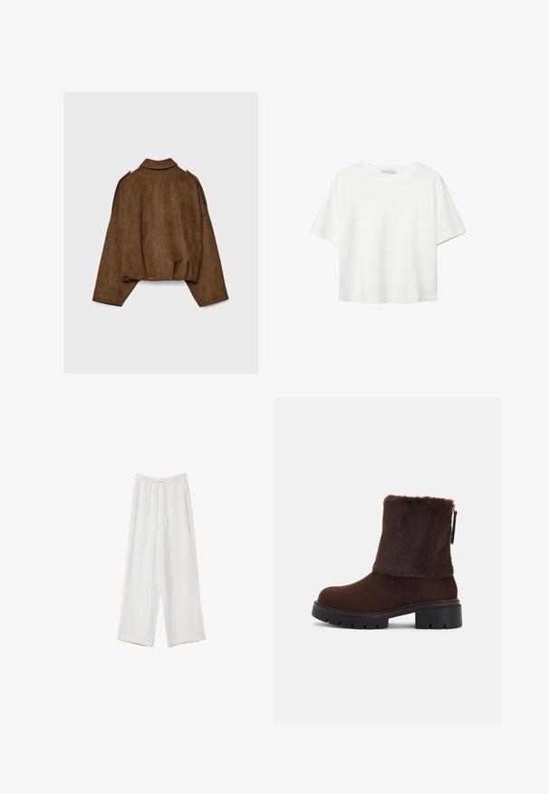 Smeđa jakna od umjetne brušene kože s ovratnikom, prevelikog kroja i spuštenih ramena. Na stražnjoj strani nalazi se vertikalni ukrasni šav i skraćeni dizajn.; Bijela majica kratkih rukava od pamuka. Ima okrugli izrez i opušteni kroj. Glatka tekstura bez vidljivih uzoraka ili naglasaka.; Bijele hlače širokih nogavica napravljene od lagane tkanine. Imaju elastičan pojas s ušicom i bočne džepove. Glatka tekstura.; Smeđi gležnjača s mekim umetkom od umjetnog krzna, blok peta i teksturirana guma potplat. Bočni zatvarač i šivana i detalji oko osnove.