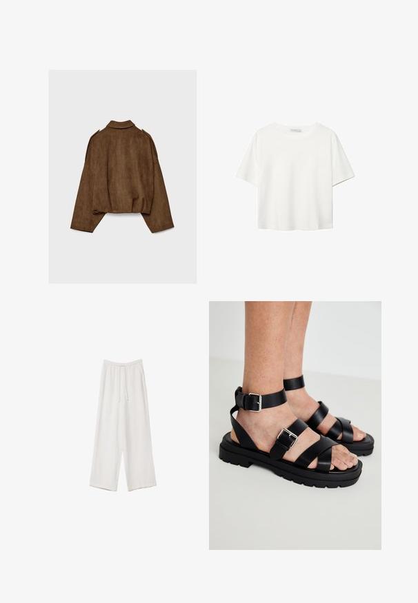 Rjava jakna iz umetnega usnja z ovratnikom, širokim krojem in spuščenimi rameni. Hrbtni del ima navpične šive in krajšano zasnovo.; Bela kratka majica s kratkimi rokavi iz bombaža. Ima okroglo izrezovanje in sproščen kroj. Gladka tekstura brez vidnih vzorcev ali poudarkov.; Bele široke hlače iz lahkega materiala. Imajo elastičen pas s vrvico in stranske žepe. Gladka tekstura.; Črne usnjene sandale z širokimi trakovi in zaponko okoli gležnja. Debel podplat z teksturirano površino. Oblika z odprtim prstom za zračnost.