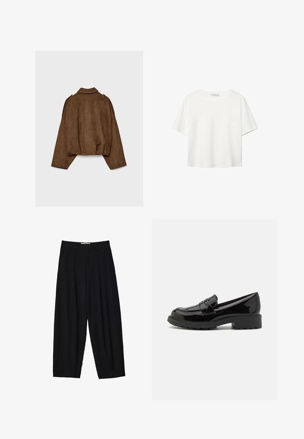 Brun jakke i imiteret ruskind med krave, oversized pasform og sænkede skuldre. Bagsiden har lodrette sømdetaljer og et cropped design.; Hvid kortærmet t-shirt lavet af bomuld. Har en rund halsudskæring og en afslappet pasform. Glat tekstur uden synlige mønstre eller detaljer.; Sorte vide benbukser lavet af letvægtsstof, med frontfolder, en klassisk talje og sidelommer. Glat tekstur.; Sorte patenterede læderslipper med rund tå, dekorativ rem over vristen og klodset gummisål med mønster.
