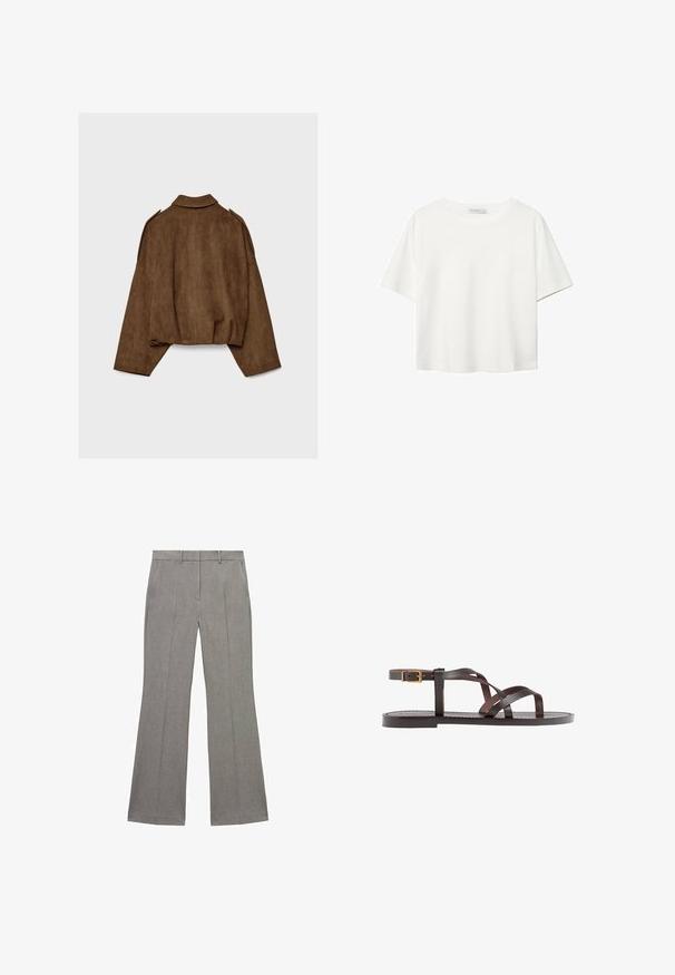 Ruskea tekonahkainen mokkatakki, jossa on kauluksellinen kaula-aukko, ylisuurikokoinen istuvuus ja laskostetut olkapäät. Takana pystysuoria saumadetaljeja ja lyhyt malli.; Valkoinen lyhythihainen T-paita, joka on tehty puuvillasta. Siinä on pyöreä kaula-aukko ja rento malli. Silkkinen pinta ilman näkyviä kuvioita tai koristeita.; Harmaat levenneet housut, joissa on teksturoitu kangas, litteä etuosa, vyölenkit ja puristetut taitteet lahkeissa muotoutuneen ilmeen saavuttamiseksi.; Ruske kožne sandale s križnim trakama, zatvaranjem na kopču oko gležnja i ravnim potplatom s minimalnim detaljima šivanja.