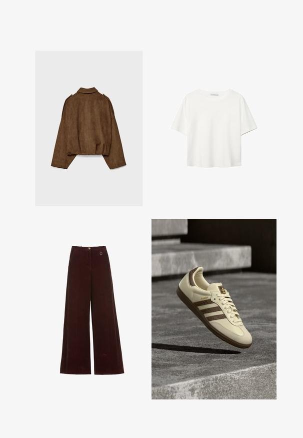 Rjava jakna iz umetnega usnja z ovratnikom, širokim krojem in spuščenimi rameni. Hrbtni del ima navpične šive in krajšano zasnovo.; Bela kratka majica s kratkimi rokavi iz bombaža. Ima okroglo izrezovanje in sproščen kroj. Gladka tekstura brez vidnih vzorcev ali poudarkov.; Široke bordo kordaste hlače z gumbom in zadrgo, ki imajo na pasu majhen okrogla zlat znak.; Superga v kremni barvi z rjavimi poudarki, teksturiranimi stranskimi črtami in gladkim usnjenim zaključkom. Ima zavezovanje z vezalkami in gumijast podplat.