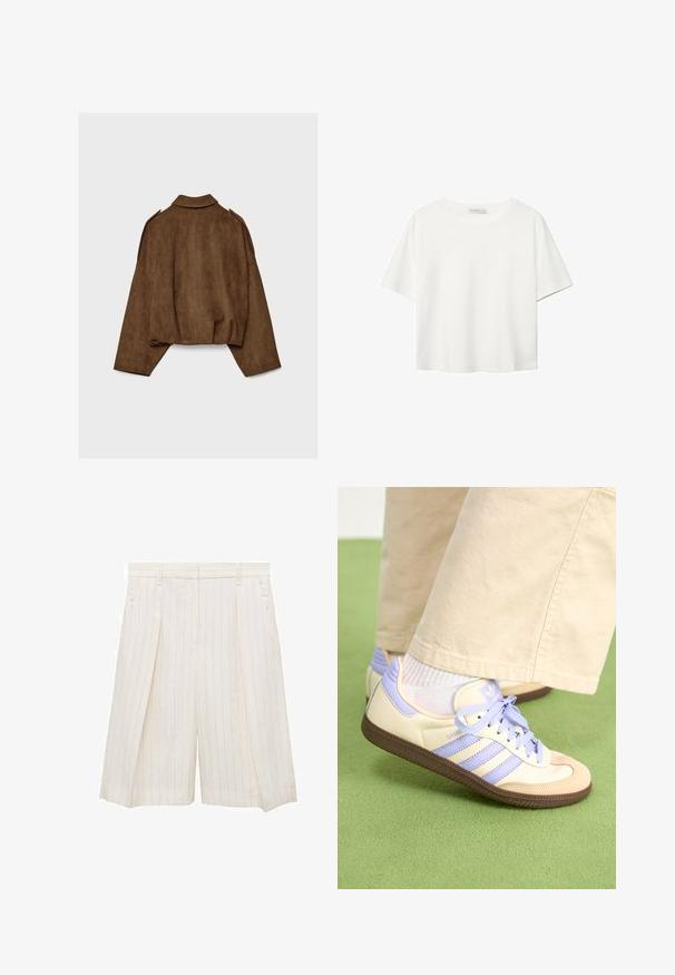 Braune Jacke aus Kunstwildleder mit Kragen, übergroßem Schnitt und abgefallenen Schultern. Der Rücken zeigt vertikale Nahtdetails und ein kurzes Design.; Weißes T-Shirt mit kurzen Ärmeln aus Baumwolle. Hat einen Rundhalsausschnitt und eine lockere Passform. Glatte Textur ohne sichtbare Muster oder Akzente.; Cremfarbige Shorts mit Streifenmuster, plissierter Vorderseite, Seitentaschen und tailliertem Schnitt. Aus leichtem Stoff, geeignet für warmes Wetter.; Cremefarbene und lavendelfarbene Sneakers mit drei Streifen und einer strukturierten braunen Sohle, ausgestattet mit Schnürsenkeln und einer gepolsterten Ferse. Obermaterial aus weichem Stoff.