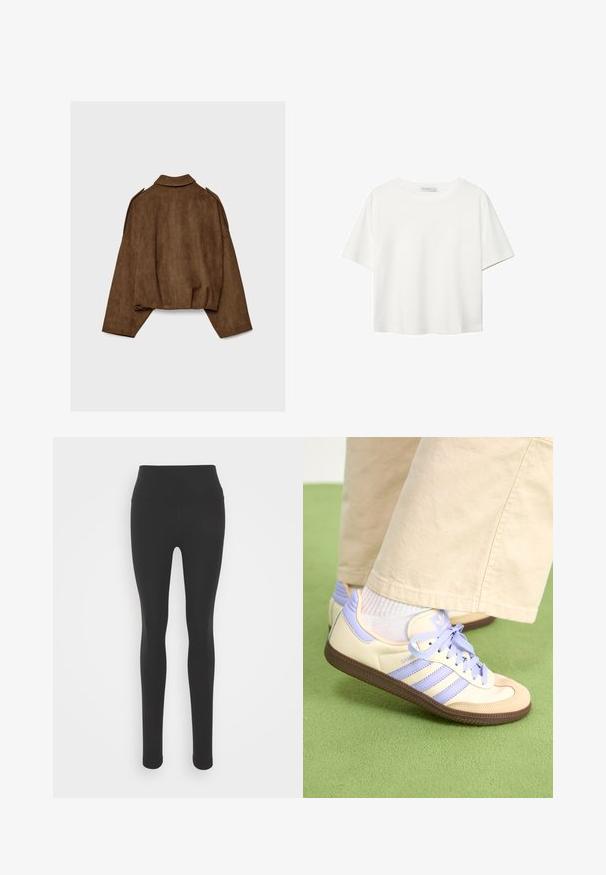 Hnědá bunda z umělé semiše s límcem, volným střihem a sníženými rameny. Na zádech jsou vertikální švy a zkrácený střih.; Bílý krátký rukáv tričko vyrobené z bavlny. Má kulatý výstřih a volný střih. Hladký materiál bez viditelných vzorů nebo akcentů.; Černé legíny s vysokým pasem, vyrobené z hladkého, elastického materiálu. Mají přiléhavý střih a dlouhé nohavice.; Krémové a levandulové tenisky se třemi pruhy a texturovanou hnědou podrážkou, vybavené tkaničkami a polstrovanou patou. Měkký textilní svršek.