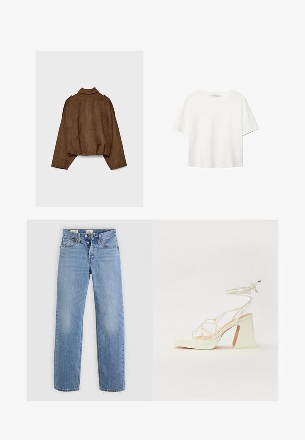 Giacca marrone in finto camoscio con collo a camicia, vestibilità oversize e spalle scese. La parte posteriore presenta cuciture verticali e un design corto.; T-shirt bianco a maniche corte realizzato in cotone. Presenta un collo tondo e una vestibilità rilassata. Texture liscia senza motivi o dettagli visibili.; Jeans in denim blu chiaro con un design a gamba dritta, chiusura con bottone metallico, tasche frontali e dettagli di leggero sbiadimento in tutto il capo.; Sandalo bianco con tacco alto, caratterizzato da un design a cinturini e un legaccio alla caviglia. Texture liscia con una piattaforma frontale per un'altezza aggiuntiva.