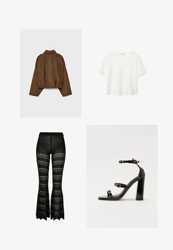 Hnedá bundu z umelého semišu s golierom, nadrozmerným strihom a spustenými ramenami. Zadná časť má vertikálne švy a skrátený dizajn.; Biela krátkopsová tričko vyrobené z bavlny. Má okrúhly výstrih a voľný strih. Hladká textúra bez viditeľných vzorov alebo akcentov.; Čierne pletené rozšírené nohavice s otvoreným dizajnom a striedajúcimi sa pásmi veľkých a malých výrezov, elastický pás, textúrovaná látka.; Čierne lakované sandále na podpätku so štvorcovou špičkou, navlečenými remienkami okolo členku a striebornými prackami. Disponujú masívnym blokovým podpätkom pre stabilitu.
