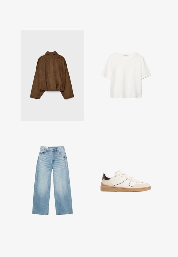 Smeđa jakna od umjetne brušene kože s ovratnikom, prevelikog kroja i spuštenih ramena. Na stražnjoj strani nalazi se vertikalni ukrasni šav i skraćeni dizajn.; Bijela majica kratkih rukava od pamuka. Ima okrugli izrez i opušteni kroj. Glatka tekstura bez vidljivih uzoraka ili naglasaka.; Svijetloplavi traperice širokih nogavica, izrađene od denima, s visokim strukom, dizajnom s pet džepova i suptilnim oštećenjima na tkanini.; Stradivarius Tenisice - white