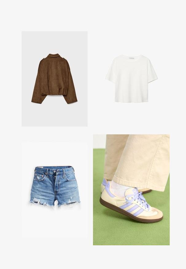 Hnedá bundu z umelého semišu s golierom, nadrozmerným strihom a spustenými ramenami. Zadná časť má vertikálne švy a skrátený dizajn.; Biela krátkopsová tričko vyrobené z bavlny. Má okrúhly výstrih a voľný strih. Hladká textúra bez viditeľných vzorov alebo akcentov.; Svetlomodré džínsové šortky s rozstrapkanými lemami, vysokým pásom, gombíkovým zapínaním a dvoma prednými vreckami; opotrebovaný vzhľad pridáva textúru.; Krémovo-fialové tenisky so tromi pruhmi a štruktúrovanou hnedou podrážkou, s šnúrkami a polstrovaným opätkom. Mäkký textilný zvršok.