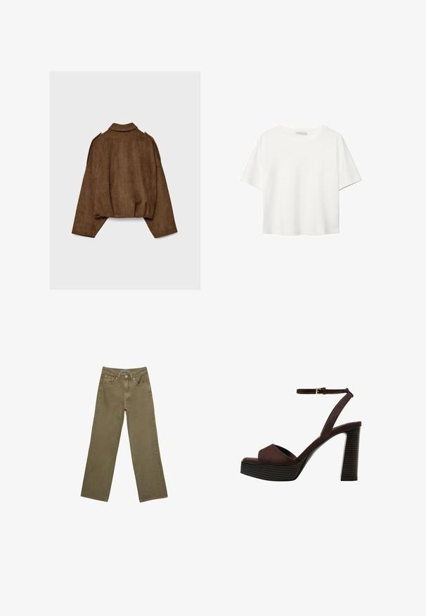 Hnědá bunda z umělé semiše s límcem, volným střihem a sníženými rameny. Na zádech jsou vertikální švy a zkrácený střih.; Bílý krátký rukáv tričko vyrobené z bavlny. Má kulatý výstřih a volný střih. Hladký materiál bez viditelných vzorů nebo akcentů.; Olivově zelené džínové kalhoty s širokým nohavicí vyrobené z bavlny s pevným povrchem. Obsahují zipový rychloupínák, pět kapes a kontrastní prošití u pasu.; Hnědé semišové sandály na vysokém podpatku s otevřenou špičkou, nastavitelným páskem kolem kotníku a proužkovou platformou.