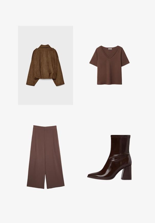Hnědá bunda z umělé semiše s límcem, volným střihem a sníženými rameny. Na zádech jsou vertikální švy a zkrácený střih.; Hnědý bavlněný tričko s krátkými rukávy a hlubokým V-výstřihem. Jednoduchý design, měkká textura a rovný lem. Žádné vzory ani akcenty.; Hnědé široké kalhoty s hladkou texturou, vysokým pasem a předními záhyby. Materiál je lehký a volně splývá.; Hnědé lakované kožené kotníkové boty s špičatou špičkou, elastickým kotníkem a chunky blokovým podpatkem. Elegantní design s hladkým povrchem.