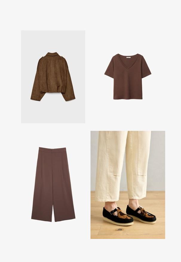 Hnědá bunda z umělé semiše s límcem, volným střihem a sníženými rameny. Na zádech jsou vertikální švy a zkrácený střih.; Hnědý bavlněný tričko s krátkými rukávy a hlubokým V-výstřihem. Jednoduchý design, měkká textura a rovný lem. Žádné vzory ani akcenty.; Hnědé široké kalhoty s hladkou texturou, vysokým pasem a předními záhyby. Materiál je lehký a volně splývá.; Černé a hnědé puntíkované nazouvací boty s béžovou podrážkou a designem T-štíhle, vyrobené z texturovaného materiálu, nošené s krémovými kalhotami.