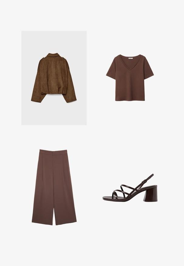 Brun jakke i imiteret ruskind med krave, oversized pasform og sænkede skuldre. Bagsiden har lodrette sømdetaljer og et cropped design.; Brun bomulds t-shirt med korte ærmer og dyb V-hals. Enkel design, blød tekstur og lige kant. Ingen mønstre eller detaljer.; Brune bredbunde bukser med en glat tekstur, der har høj talje og plisseringer foran. Stoffet er let og falder løst.; Brune hælet sandaler med en blank finish, der har flere slanke stropper og en kraftig blokhæl for stabilitet.