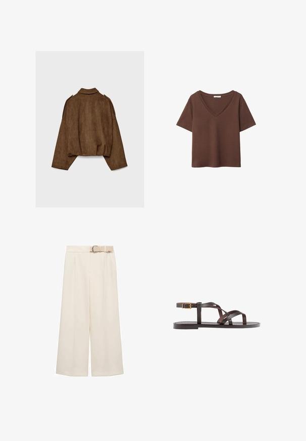 Brown faux suede jacket with a collared neck, oversized fit, and dropped shoulders. The back features vertical seam detailing and a cropped design.; Brown cotton t-shirt with short sleeves and a deep V-neck. Simple design, soft texture, and straight hemline. No patterns or accents.; Wide-leg trousers in a light cream color, featuring a flat front, pleats, and a matching belt with a metal buckle.; Brown leather sandal featuring crisscross straps, an ankle buckle closure, and a flat sole with minimal stitching details.