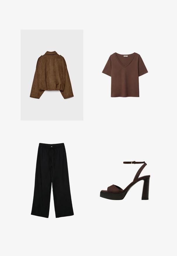 Giacca marrone in finto camoscio con collo a camicia, vestibilità oversize e spalle scese. La parte posteriore presenta cuciture verticali e un design corto.; T-shirt in cotone marrone con maniche corte e scollo a V profondo. Design semplice, texture morbida e orlo dritto. Senza fantasie o dettagli.; Pantaloni neri leggeri a gamba larga con vita elastica e cordino. Texture liscia, senza motivi o componenti visibili.; Sandal in camoscio marrone con tacco alto, punta aperta, cinturino alla caviglia regolabile e suola a piattaforma striata.