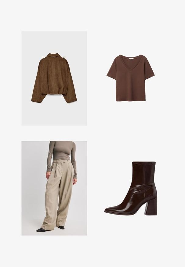 Brun jakke i imiteret ruskind med krave, oversized pasform og sænkede skuldre. Bagsiden har lodrette sømdetaljer og et cropped design.; Brun bomulds t-shirt med korte ærmer og dyb V-hals. Enkel design, blød tekstur og lige kant. Ingen mønstre eller detaljer.; NA-KD Bukser - beige; Brun patentlæder ankelstøvle med spids tå, elastisk ankel og en chunky blokhæl. Slankt design med glat tekstur.