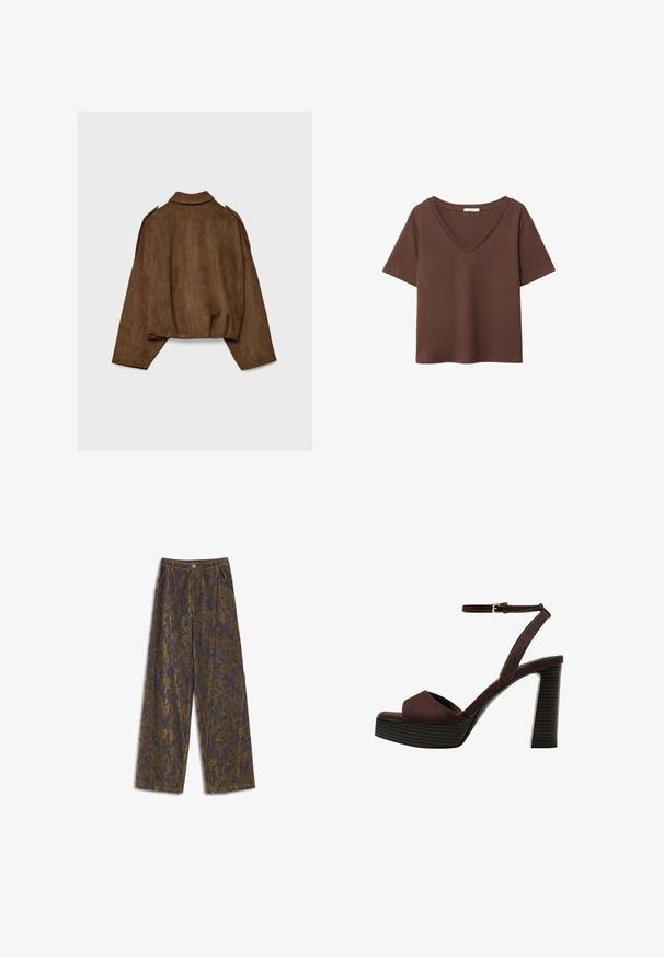 Brown faux suede jacket with a collared neck, oversized fit, and dropped shoulders. The back features vertical seam detailing and a cropped design.; Brown cotton t-shirt with short sleeves and a deep V-neck. Simple design, soft texture, and straight hemline. No patterns or accents.; Wide-leg trousers in a textured fabric featuring a blue and gold abstract pattern. Front pleats and side pockets enhance the design.; Brown suede high-heeled sandal with an open toe, adjustable ankle strap, and a striped platform sole.