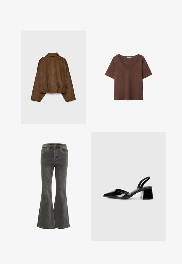 Brun jakke i imiteret ruskind med krave, oversized pasform og sænkede skuldre. Bagsiden har lodrette sømdetaljer og et cropped design.; Brun bomulds t-shirt med korte ærmer og dyb V-hals. Enkel design, blød tekstur og lige kant. Ingen mønstre eller detaljer.; Kaffe KASINEM - Flared jeans - medium grey denim; Sorte patentlæder slingback hæle med spids tå og en geometrisk blok hæl. Har et elegant, minimalistisk design og en glat tekstur.
