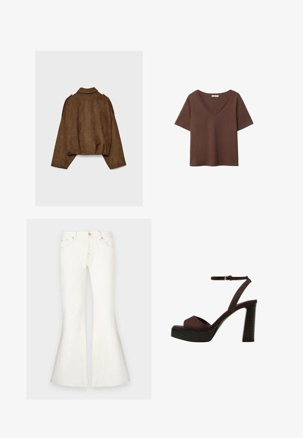 Brun jakke i imiteret ruskind med krave, oversized pasform og sænkede skuldre. Bagsiden har lodrette sømdetaljer og et cropped design.; Brun bomulds t-shirt med korte ærmer og dyb V-hals. Enkel design, blød tekstur og lige kant. Ingen mønstre eller detaljer.; Hvide flare jeans med høj talje, lavet af denim. Funktionen inkluderer topstikninger og for- lommer. Glat tekstur med et struktureret design.; Brune ruskinds højhælede sandal med åben tå, justerbar ankelrem og en stribet plade sål.