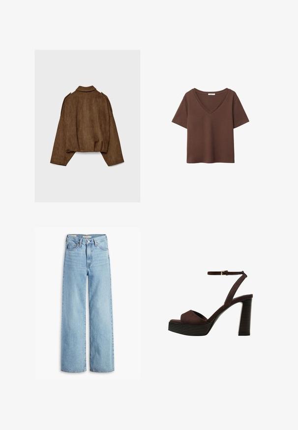 Ruskea tekonahkainen mokkatakki, jossa on kauluksellinen kaula-aukko, ylisuurikokoinen istuvuus ja laskostetut olkapäät. Takana pystysuoria saumadetaljeja ja lyhyt malli.; Ruskea puuvillapaita, jossa on lyhyet hihat ja syvä V-kaula-aukko. Yksinkertainen muotoilu, pehmeä rakenne ja suora helma. Ei kuvioita tai yksityiskohtia.; Korkeavyötäröiset, vaaleansiniset levenevät farkut, joissa on etupainike ja vetoketju, vyölenkit ja viisi taskua.; Ruske kožne sandale s visokom potpeticom, otvorenim prstima, podesivim kopčanjem oko gležnja i prugastim platformskim đonom.