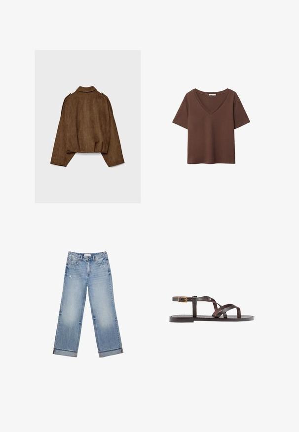 Giacca marrone in finto camoscio con collo a camicia, vestibilità oversize e spalle scese. La parte posteriore presenta cuciture verticali e un design corto.; T-shirt in cotone marrone con maniche corte e scollo a V profondo. Design semplice, texture morbida e orlo dritto. Senza fantasie o dettagli.; Jeans in denim azzurro chiaro con un design a gamba larga, caratterizzati da orlo sfilacciato, leggeri segni di usura e styling classico a cinque tasche.; Sandal in pelle marrone con cinturini incrociati, chiusura con cinturino alla caviglia e suola piatta con dettagli di cucitura minimi.