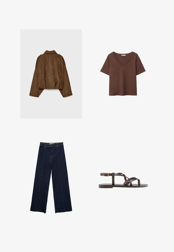 Ruskea tekonahkainen mokkatakki, jossa on kauluksellinen kaula-aukko, ylisuurikokoinen istuvuus ja laskostetut olkapäät. Takana pystysuoria saumadetaljeja ja lyhyt malli.; Ruskea puuvillapaita, jossa on lyhyet hihat ja syvä V-kaula-aukko. Yksinkertainen muotoilu, pehmeä rakenne ja suora helma. Ei kuvioita tai yksityiskohtia.; Tumma farkut, joissa on leveät lahkeet, kontrastivärinen ommel, korkea vyötärö ja suora leikkaus. Ominaisuuksiin kuuluvat etutaskut ja klassinen nappikiinnitys.; Ruske kožne sandale s križnim trakama, zatvaranjem na kopču oko gležnja i ravnim potplatom s minimalnim detaljima šivanja.