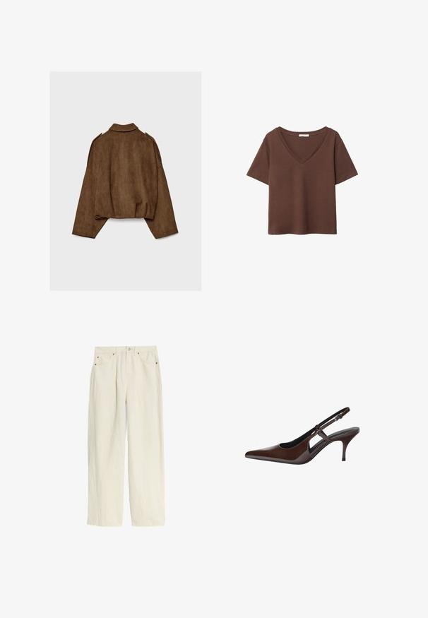 Bruine jas van imitatie suède met een kraag, een oversized pasvorm en doorgezakte schouders. De achterkant heeft verticale naaddetails en een cropped ontwerp.; Bruine katoenen t-shirt met korte mouwen en een diepe V-hals. Eenvoudig ontwerp, zachte textuur en rechte zoom. Geen patronen of accenten.; Lichtcrème wijde broek van gestructureerde stof. Voorzien van een knoopsluiting, koperen klinknagels en vier zakken.; Bruine gepatenteerde leren slingback pump met een spits toelopende neus, open uitsparingen en een dunne hak. Voorzien van een verstelbare gesp.