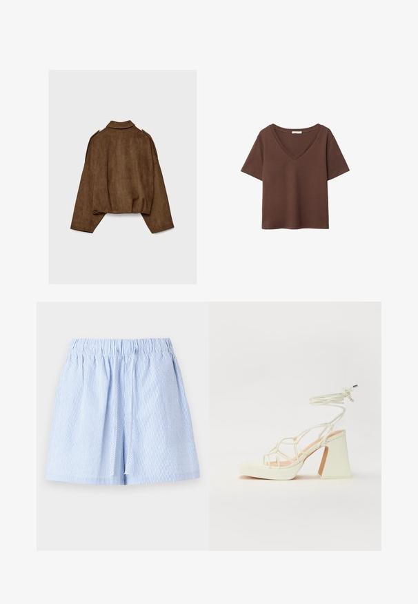 Braune Jacke aus Kunstwildleder mit Kragen, übergroßem Schnitt und abgefallenen Schultern. Der Rücken zeigt vertikale Nahtdetails und ein kurzes Design.; Braunes Baumwoll-T-Shirt mit kurzen Ärmeln und tiefem V-Ausschnitt. Einfaches Design, weiche Textur und gerade Saumlinie. Keine Muster oder Akzente.; Hellblaue gestreifte Shorts mit elastischem Bund und Kordelzugdetail. Aus weichem Stoff, mit lockerer Passform und gefaltetem Design.; Weiße High-Heel-Sandale mit einem klobigen Absatz, die über ein Riemchendesign und ein Knöchelband verfügt. Glatte Textur mit einer Plattform vorne für zusätzliche Höhe.
