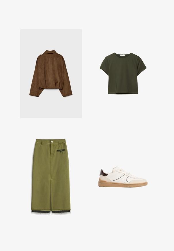 Brown faux suede jacket with a collared neck, oversized fit, and dropped shoulders. The back features vertical seam detailing and a cropped design.; Olive green short-sleeve cropped t-shirt with crew neckline, displayed flat on a white background.; Olive green, knee-length skirt with a front slit, zipper pocket, and frayed hem. Made from durable fabric with a smooth texture.; Stradivarius Trainers - white