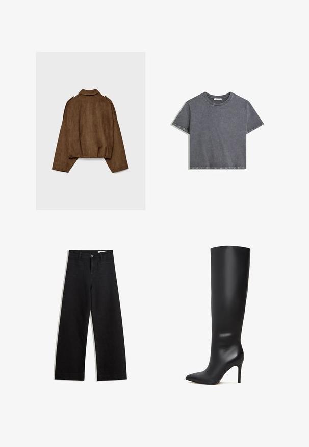 Brązowa kurtka z imitacji zamszu z kołnierzem, luźnym krojem i opuszczonymi ramionami. Tył ozdobiony jest pionowymi przeszyciami i ma krótki krój.; Krótki rękaw, szary top crop z przetartego materiału, z metalowymi oczkami wzdłuż rękawów i dolnego brzegu, okrągły dekolt, położony na białym tle.; Czarne dżinsowe spodnie o szerokich nogawkach i wysokim stanie, z przednimi i tylnymi kieszeniami, przeszyciami oraz zapięciem na guziki. Gładka struktura.; Czarne skórzane botki do kolan na szpilkach z wydłużonym noskiem i gładką, elegancką powierzchnią. Posiadają wysoką, smukłą obcas, co zapewnia wydłużoną sylwetkę.