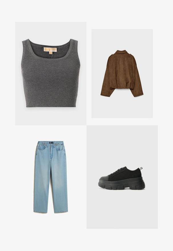 Brown faux suede jacket with a collared neck, oversized fit, and dropped shoulders. The back features vertical seam detailing and a cropped design.; Gray ribbed crop top with a wide scoop neckline. Features a smooth texture and a label stating "MICHAEL" on the inner neckline.; Vans CINCHED CHECK 5 - Straight leg jeans - light stonewash; Black sneakers with a chunky rubber sole, textured fabric upper, round toe, and lace-up design. Features reinforced eyelets and back pull tab.