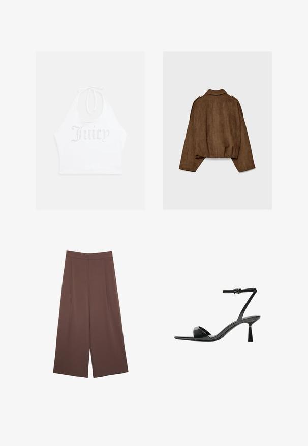 Hnědá bunda z umělé semiše s límcem, volným střihem a sníženými rameny. Na zádech jsou vertikální švy a zkrácený střih.; Bílý top na zavazování za krk vyrobený z měkké látky, s nápisem "Juicy" z kamínků na přední straně. Zavazuje se na krku pro nastavitelný střih.; Hnědé široké kalhoty s hladkou texturou, vysokým pasem a předními záhyby. Materiál je lehký a volně splývá.; Bershka Sandály na vysokém podpatku - black