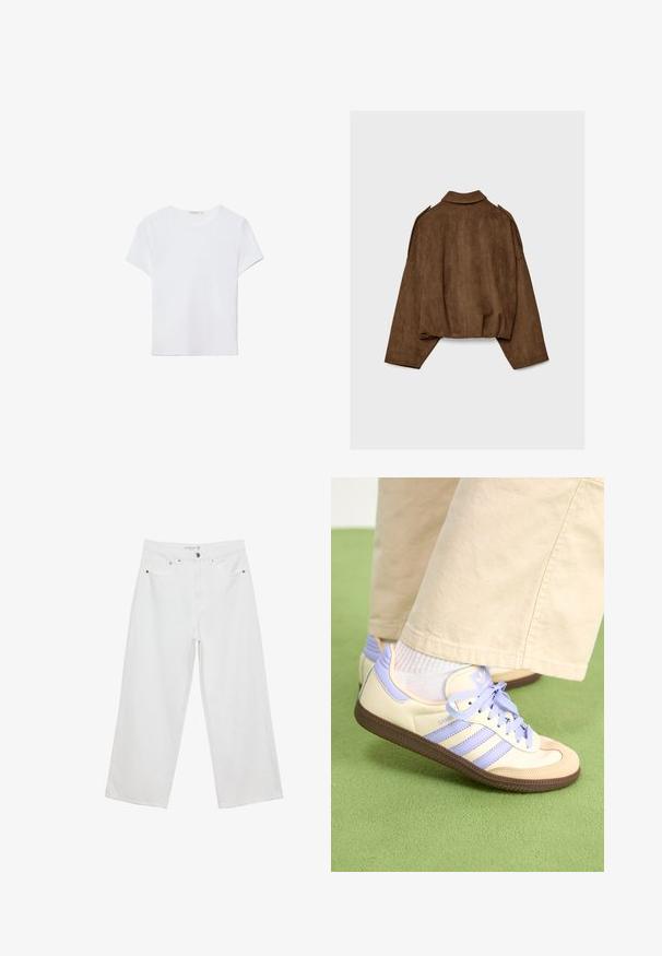 Brun jakke i imiteret ruskind med krave, oversized pasform og sænkede skuldre. Bagsiden har lodrette sømdetaljer og et cropped design.; Hvid kortærmet t-shirt lavet af blødt stof. Har en rund halsudskæring og et simpelt, rent design med en lige underkant.; Hvide bukser med bred benvidde lavet af denim med høj talje, der har fem lommer og metalhardware. Glat tekstur, uden synlige mønstre.; Creme og lavendel sneakers med tre striber og en tekstureret brun sål, der har snørebånd og en polstret hæl. Blødt stof øvre.