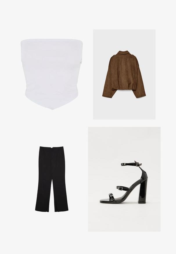 Hnědá bunda z umělé semiše s límcem, volným střihem a sníženými rameny. Na zádech jsou vertikální švy a zkrácený střih.; Bílý, bezešvý top do půl těla vyrobený z měkké, elastické látky. Má hladký povrch a špičatý lem ve spodní části pro přizpůsobený vzhled.; Černé kalhoty s rovným střihem, s předními kapsami a bočními rozparky na lemu. Vyrobené z jemné, hladké tkaniny. Vhodné na různé příležitosti.; Černé lakované sandály na podpatku se čtveratou špičkou, lýtkovými pásky a stříbrnými přezkami. Disponují masivním blokovým podpatkem pro stabilitu.