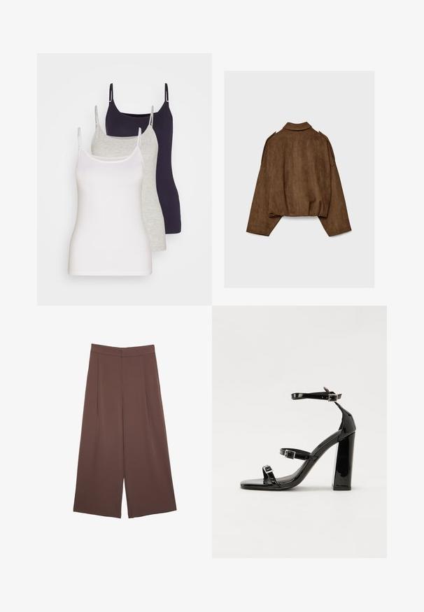 Brązowa kurtka z imitacji zamszu z kołnierzem, luźnym krojem i opuszczonymi ramionami. Tył ozdobiony jest pionowymi przeszyciami i ma krótki krój.; Trzy topy bez rękawów w białym, szarym i ciemnogranatowym kolorze. Wykonane z miękkiej bawełny, z cienkimi ramiączkami i dopasowanym krojem, bez zdobień.; Brązowe spodnie o szerokich nogawkach z gładką fakturą, z wysokim stanem i plisami z przodu. Materiał jest lekki i luźno opada.; Czarne lakierowane sandały na obcasie z kwadratowym noskiem, z paskami wokół kostki i srebrnymi klamrami. Posiadają masywny słupek dla stabilności.