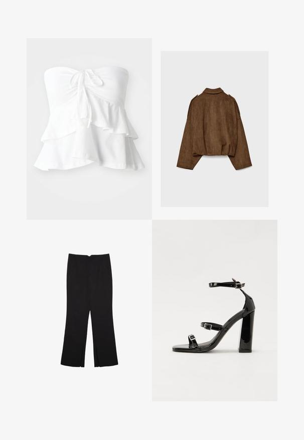 Ruskea tekonahkainen mokkatakki, jossa on kauluksellinen kaula-aukko, ylisuurikokoinen istuvuus ja laskostetut olkapäät. Takana pystysuoria saumadetaljeja ja lyhyt malli.; Valkoinen olkaimeton toppi, jossa on tiukka vartalo ja nauha edessä, sekä kerrokselliset röyhelöt helmassa, valmistettu pehmeästä ja kevyestä kankaasta.; Mustat housut suoralinjaisella leikkauksella, joissa on etutaskut ja sivurei'ät helman alla. Valmistettu pehmeästä ja sileästä kankaasta. Sopii eri tilaisuuksiin.; Musta kiiltävä korkokenkä sandaalit neliönmuotoisella varpaalla, nilkkaremmillä ja hopeisilla soljilla. Varustettu tukevalla lohkokorkealla vakauden takaamiseksi.