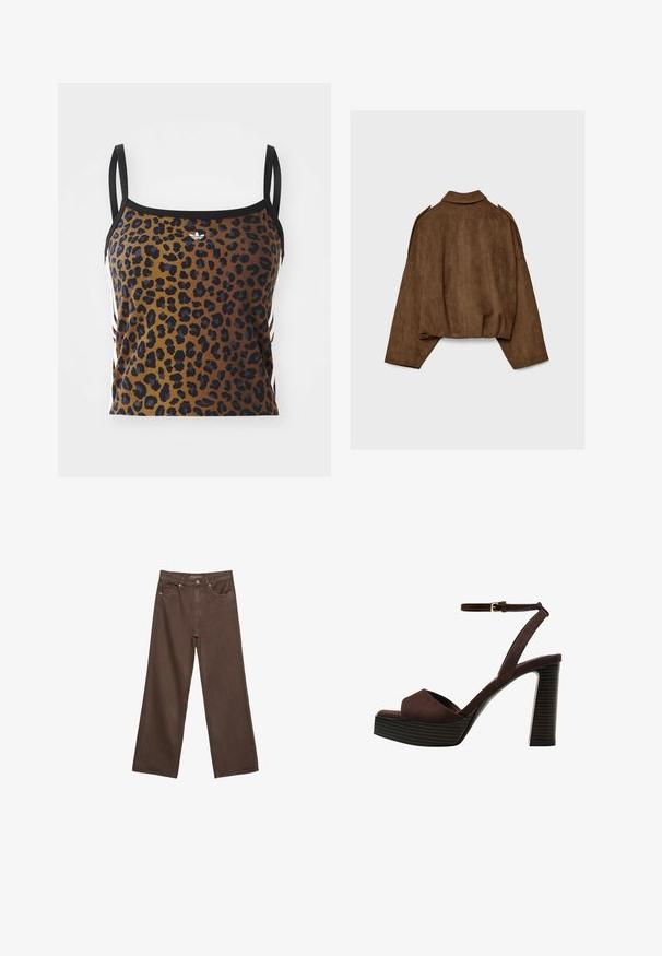 Rjava jakna iz umetnega usnja z ovratnikom, širokim krojem in spuščenimi rameni. Hrbtni del ima navpične šive in krajšano zasnovo.; adidas Originals TANK - Top - multicolor; Široke rjave kavbojke iz denima, ki imajo visok pas, sprednje žepe in klasično zapiranje na gumb. Gladka tekstura s subtilnim šivom.; Rjave semiš sandale z visoko peto, odprto spredaj, z nastavljivim gležnjenjem in črtastim podplatom.