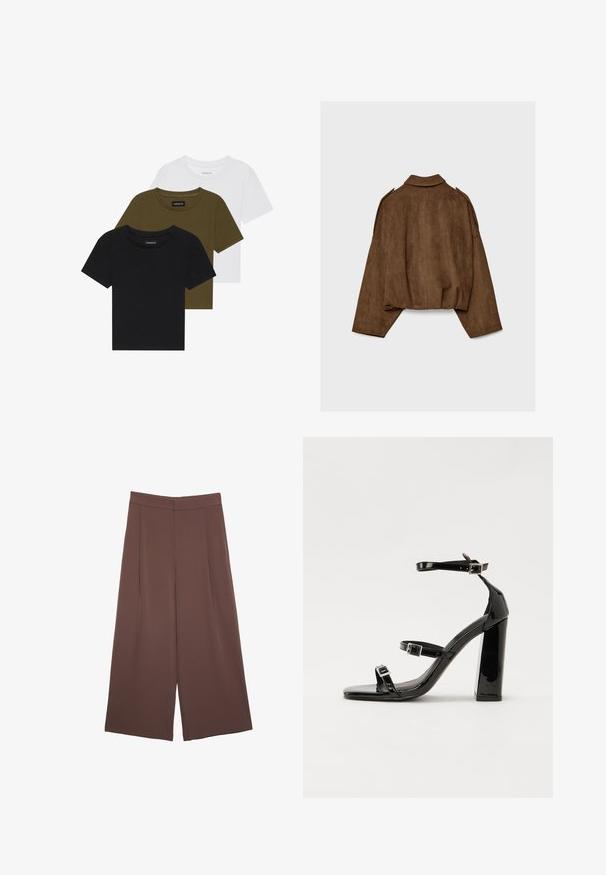Brun jakke i imiteret ruskind med krave, oversized pasform og sænkede skuldre. Bagsiden har lodrette sømdetaljer og et cropped design.; Tre crew-neck t-shirts i sort, olivengrøn og hvid. Korte ærmer, ribbede halsudskæringer og en tætsiddende design.; Brune bredbunde bukser med en glat tekstur, der har høj talje og plisseringer foran. Stoffet er let og falder løst.; Sorte patenterede hælsandaler med firkantet tå, ankelremme og sølvspænder. Har en chunky blokHæl for stabilitet.