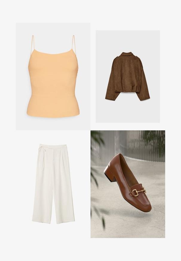 Smeđa jakna od umjetne brušene kože s ovratnikom, prevelikog kroja i spuštenih ramena. Na stražnjoj strani nalazi se vertikalni ukrasni šav i skraćeni dizajn.; Majica breskvaste boje s tankim podesivim trakicama. Uski kroj, glatka tekstura i jednostavan dizajn s lagano zakrivljenim rubom.; Hlače širokih nogavica od off-white tkanine s glatkom teksturom. Imaju vezani struk i naborani prednji dio, dizajnirane za opuštenu prilagodbu.; Smeđi lakirani loafer s kvadratnim vrhom, metalnim lancem kao naglaskom i niskom blok petom; glatka tekstura, minimalistički dizajn.