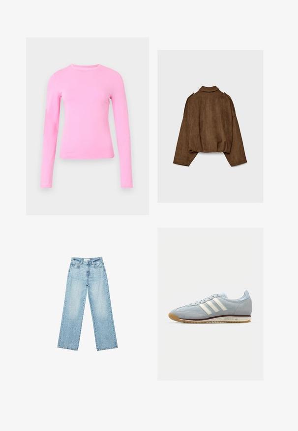 Ruskea tekonahkainen mokkatakki, jossa on kauluksellinen kaula-aukko, ylisuurikokoinen istuvuus ja laskostetut olkapäät. Takana pystysuoria saumadetaljeja ja lyhyt malli.; Pitkähihaisen paidan pehmeää vaaleanpunaista kangasta, jossa on pyöreä pääntie ja tiivis muotoilu. Sileä pinta ilman näkyviä kuvioita tai koristeita.; Vaaleansiniset leveälahkeiset farkut korkealla vyötäröllä, joissa on haalistunut pesu ja pieniä, satunnaisia kulumisia ympäriinsä.; Vaaleansininen mokkanahkakengät, joissa on valkoiset kolme raitaa, kumipohja ja teksturoitu verkko. Ominaisuuksiin kuuluu sileä varvaskuppi ja brändäys kannassa.