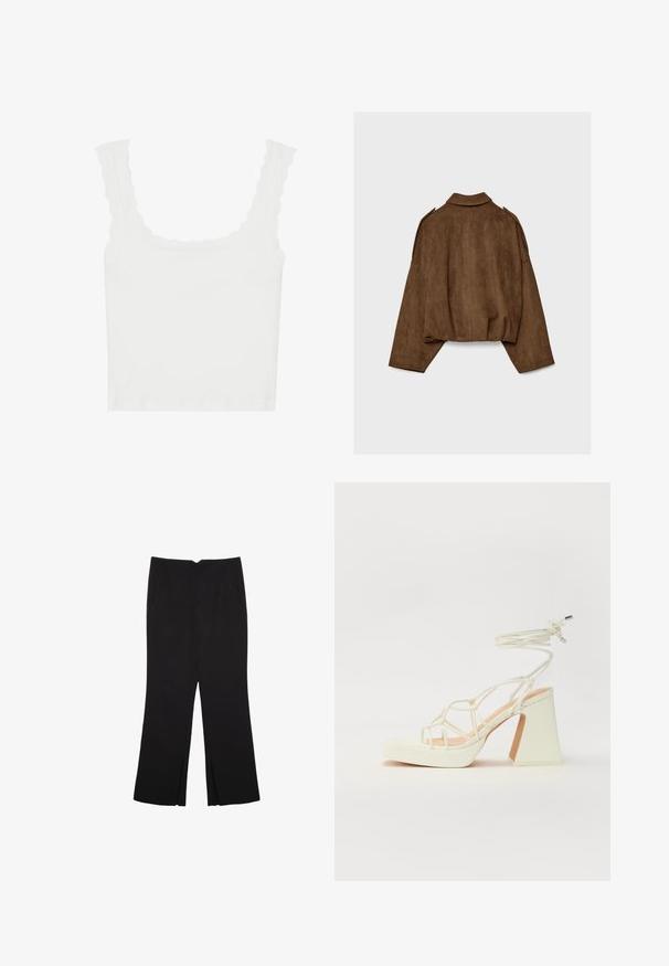 Brun jakke i imiteret ruskind med krave, oversized pasform og sænkede skuldre. Bagsiden har lodrette sømdetaljer og et cropped design.; Hvid ribbet tanktop med bølgede kanter på stropperne og udskæringen, i en tætsiddende pasform og blød tekstur.; Sorte bukser med lige pasform, der har frontlommer og slidser i kanten. Lavet af blødt, glat stof. Velegnet til forskellige anledninger.; Hvide højhælede sandaler med en kraftig hæl, der har et stropdesign og ankelbinding. Glat tekstur med en platform foran for ekstra højde.