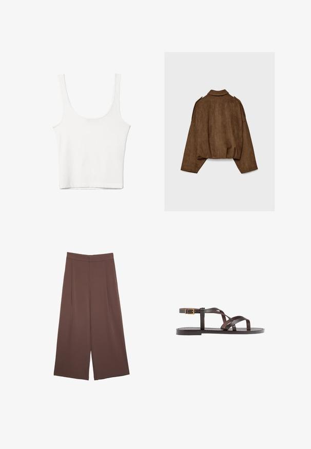 Bruine jas van imitatie suède met een kraag, een oversized pasvorm en doorgezakte schouders. De achterkant heeft verticale naaddetails en een cropped ontwerp.; Witte katoenen tanktop met een ronde halslijn, zonder mouwen en een getailleerde vorm. Soepele textuur, eenvoudig ontwerp en minimale stikdetails.; Bruine wijde broek met een gladde textuur, voorzien van een hoge taille en plooien aan de voorkant. De stof is lichtgewicht en valt losjes.; Bruine leren sandaal met kruisingen van banden, een enkelgesp-sluiting en een platte zool met minimale stikdetails.