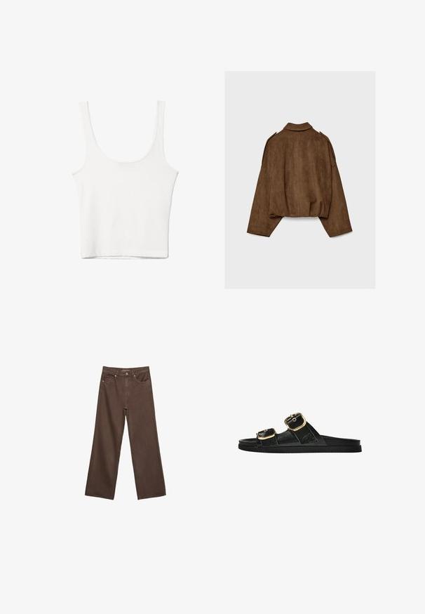 Braune Jacke aus Kunstwildleder mit Kragen, übergroßem Schnitt und abgefallenen Schultern. Der Rücken zeigt vertikale Nahtdetails und ein kurzes Design.; Weißes Baumwoll-Top mit Rundhalsausschnitt, ohne Ärmel und figurbetontem Schnitt. Glatte Textur, schlichtes Design und minimale Nähdetails.; Weite braune Jeans aus Denim, mit hoher Taille, Fronttaschen und klassischem Knopfverschluss. Glatte Textur mit feinen Nähten.; Schwarze Riemensandale mit zwei goldenen Schnallendetails, glattem Material, flachem Sohlen und minimalistischer Gestaltung.
