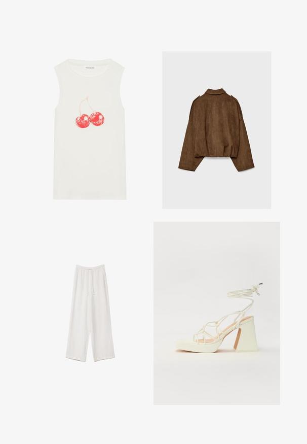 Brun jacka i fuskmocka med krage, oversized passform och nedsänkta axlar. Bakstycket har vertikal sömdetalj och en kortare design.; Vit ärmlös topp i bomull med ribbad textur, prydd med en röd körsbärsgrafik och texten "Love Sweet."; Vita vida byxor i vid passform gjorda av ett lättviktsmaterial. Har en elastisk midja med dragsko och sidofickor. Slät textur.; Vit högklackad sandal med en kraftig klack, med ett remdesign och ankelband. Slät textur med en plattform framtill för ökad höjd.