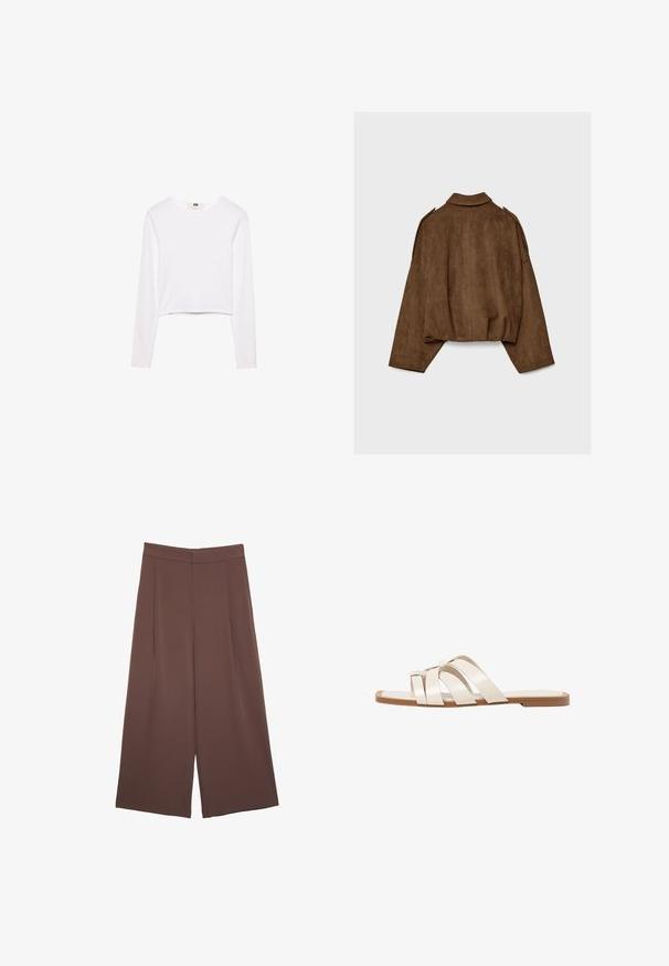 Giacca marrone in finto camoscio con collo a camicia, vestibilità oversize e spalle scese. La parte posteriore presenta cuciture verticali e un design corto.; Top corto bianco a maniche lunghe realizzato in tessuto morbido. Presenta un colletto rotondo e un design semplice ed elegante senza alcun motivo o decorazione.; Pantaloni ampi marroni con una texture liscia, caratterizzati da una vita alta e pieghe frontali. Il tessuto è leggero e scorre liberamente.; Infradito con suola in gomma color talpa, progettate con tre cinturini in pelle bianca sovrapposti e un piccolo dettaglio a fiocco al centro.